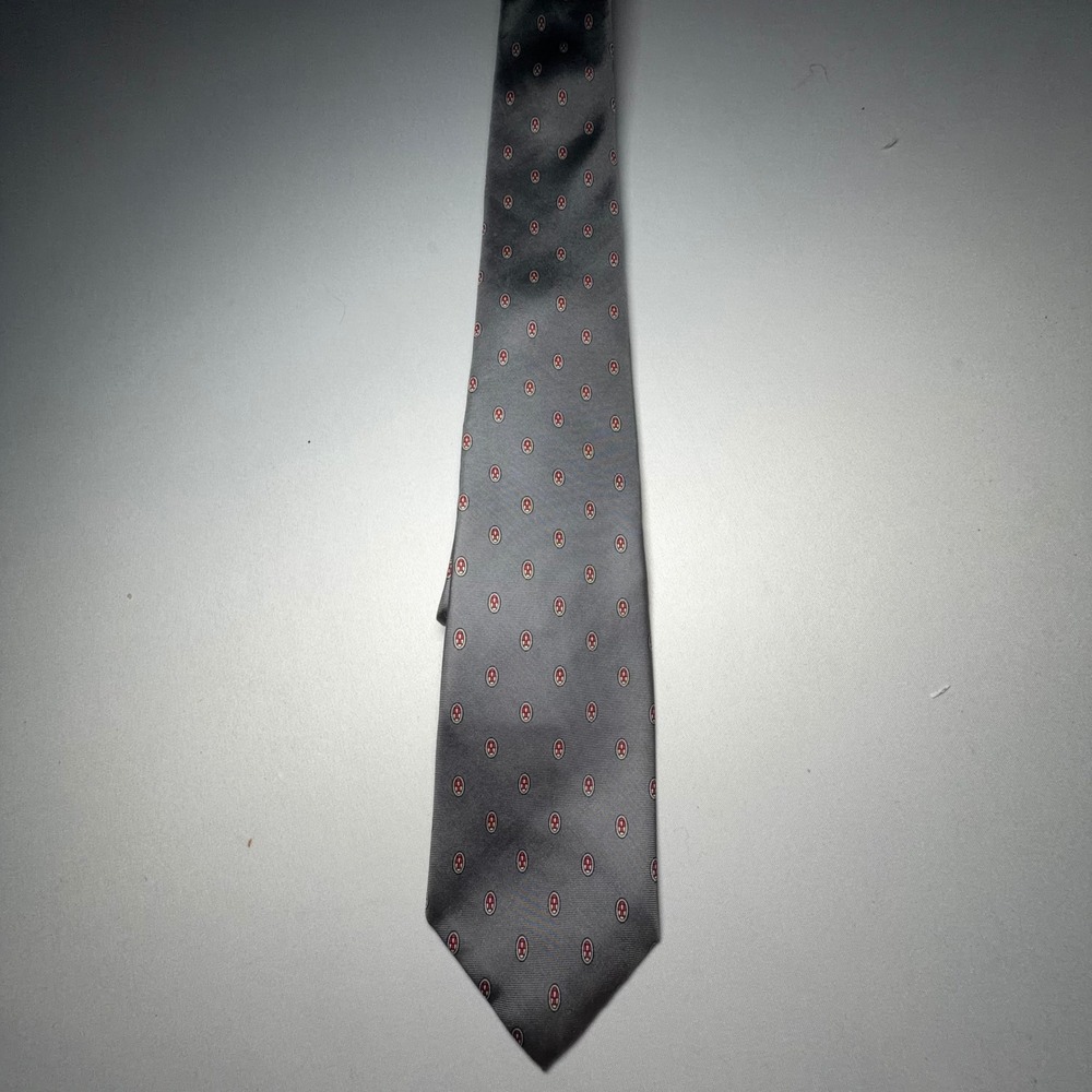 VTG Christian Dior Tie Men Grey Red Silk Crest Geometric Luxury Classic Luxury